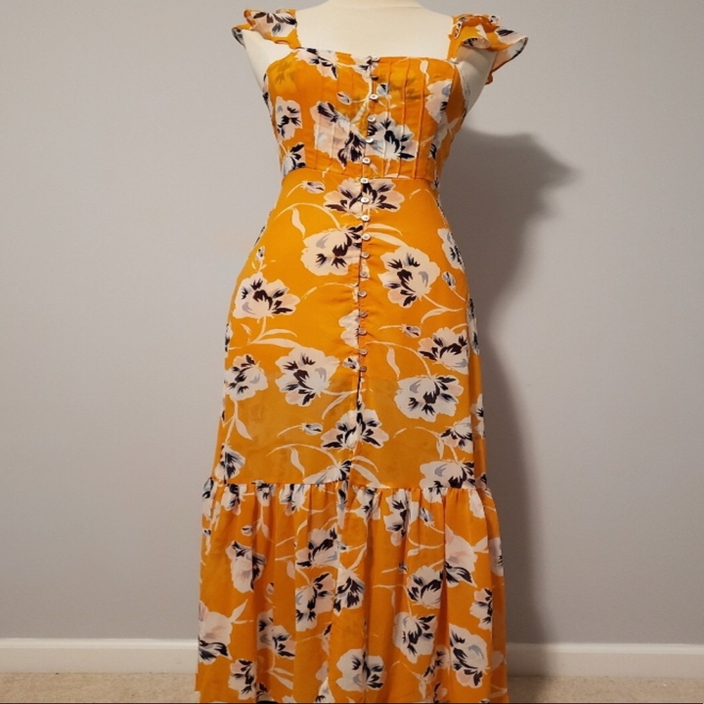 Mustard floral ruffle maxi dress
